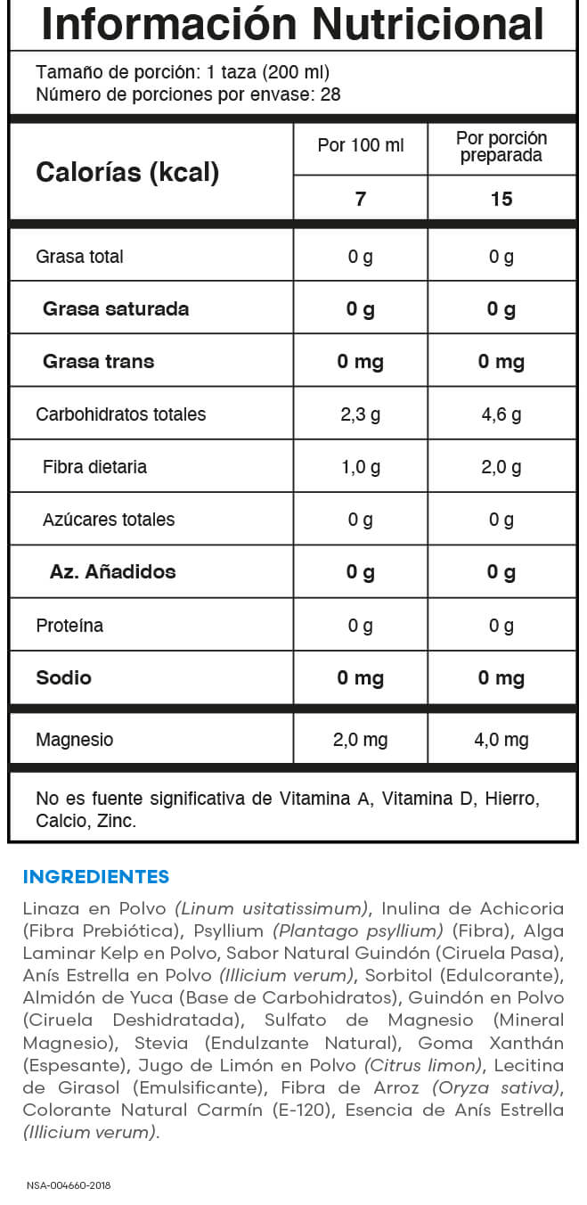 Tabla nutricional Prunex 1 Fuxion