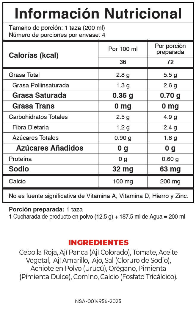 Tabla nutricional Base Culinaria Roja Fuxion