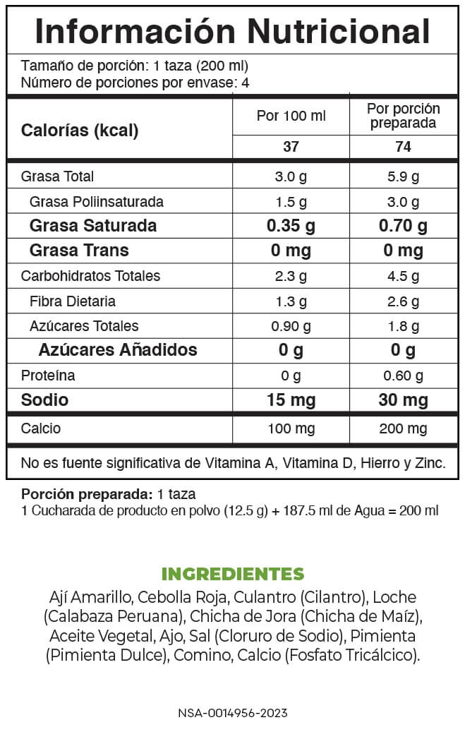 Tabla nutricional Base Culinaria Verde Fuxion