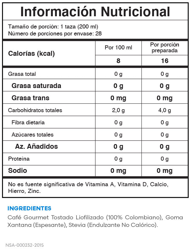 Tabla nutricional Café & Café Fit Fuxion