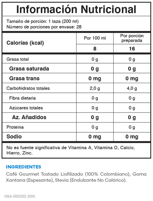 Tabla nutricional Café & Café Fit Fuxion