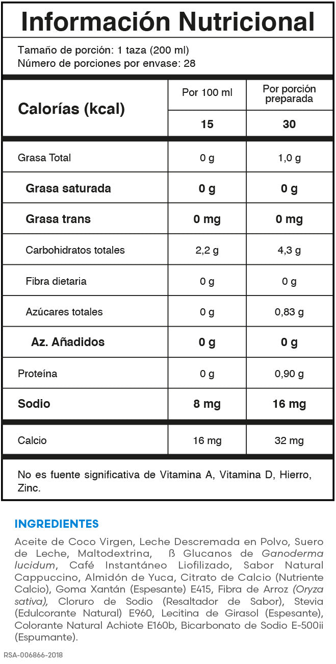 Gano+ Cappuccino Fuxion - Tabla nutricional