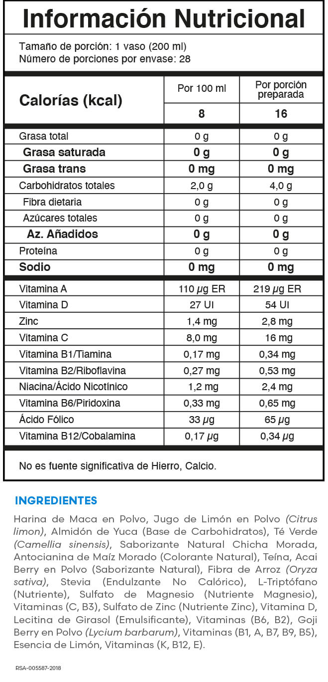 Vita Xtra T+ Fuxion - Tabla nutricional
