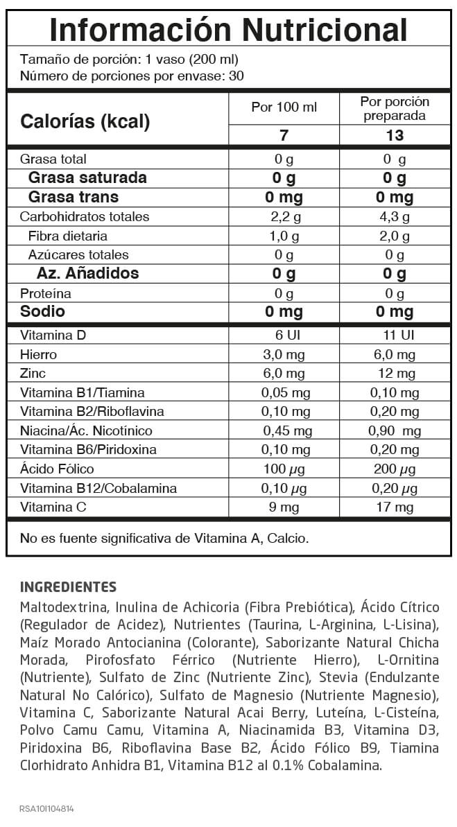 Vitaenergia Fuxion - Tabla nutricional